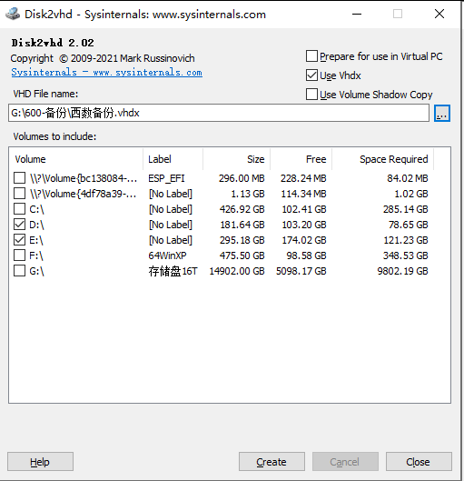 Disk2vhd 2.02 实际设置